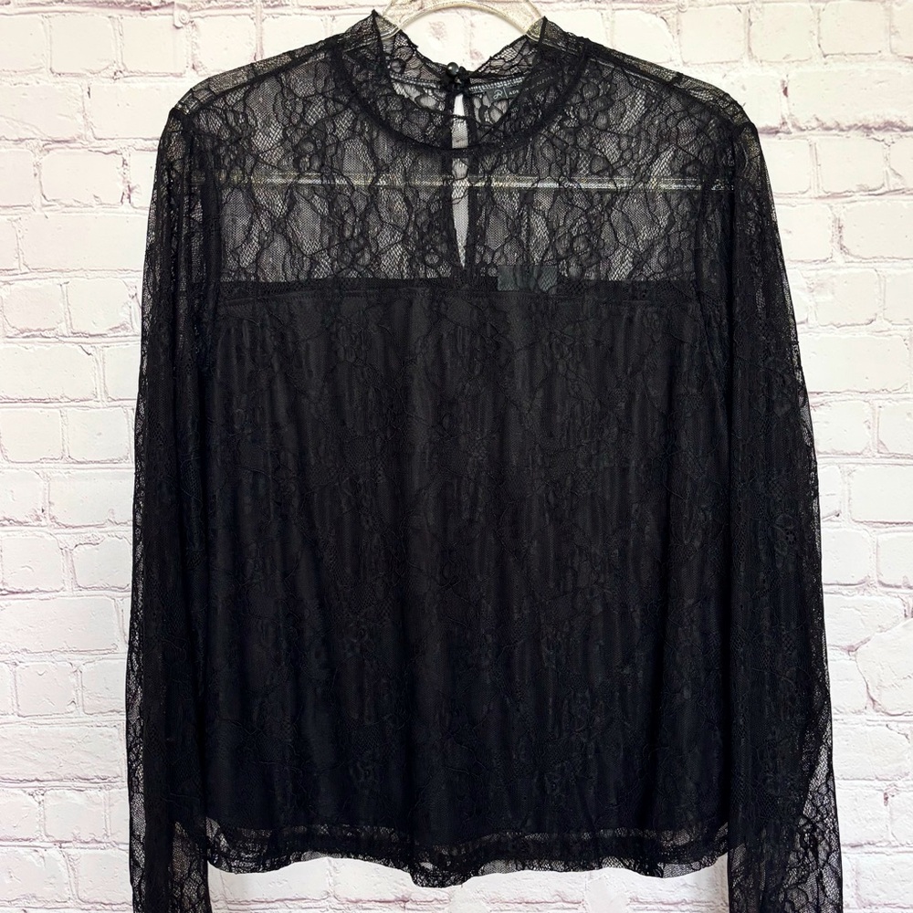 ADRIANNA PAPELL Black Mock Neck Stretch Lace Long Sleeve Blouse--XL